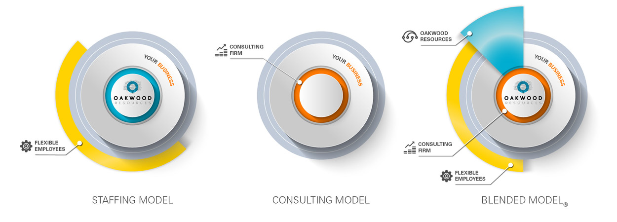 Diagram illustrating three business models: Staffing Model, Consulting Model, and Blended Model, featuring labels for 